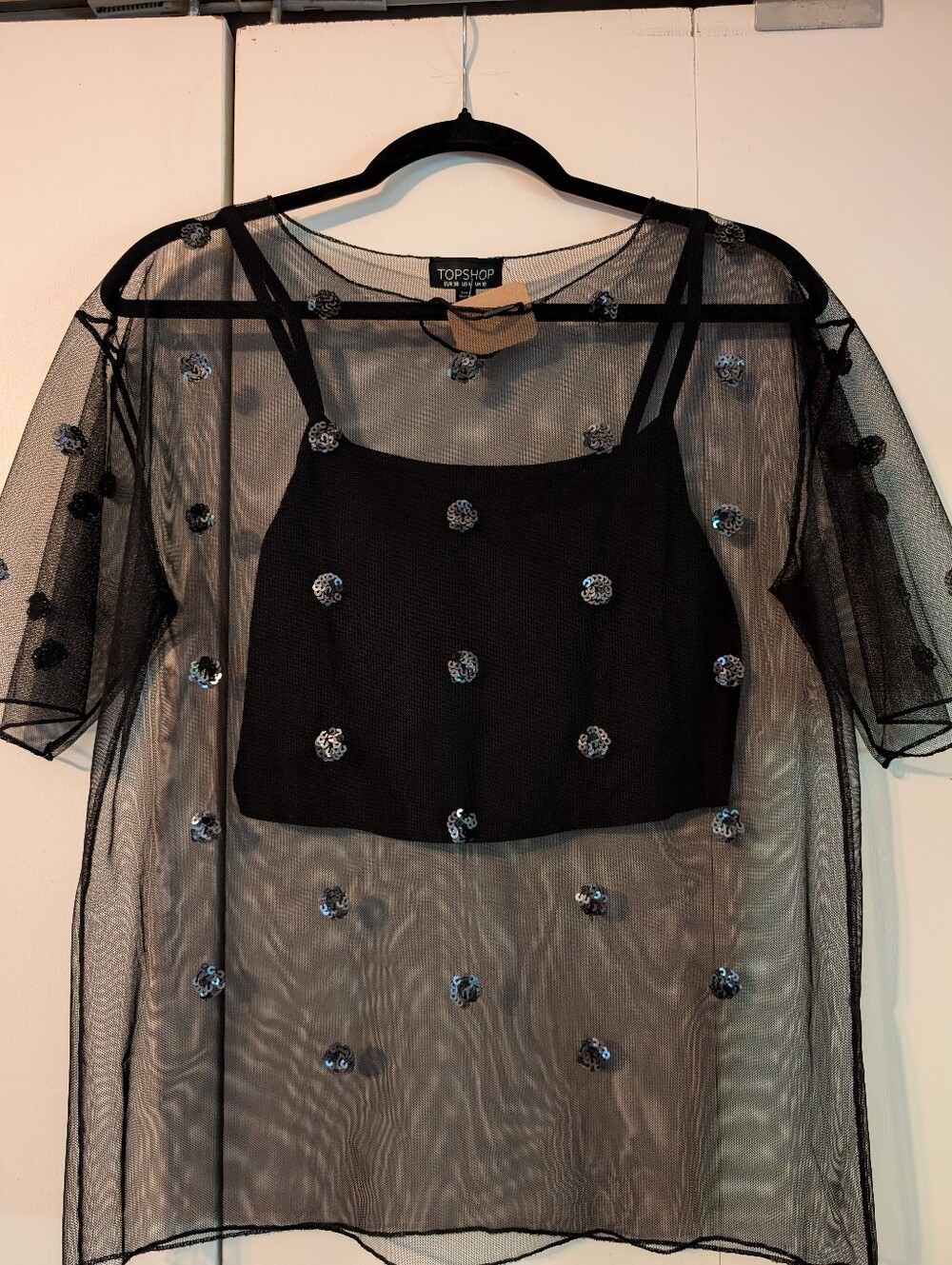 TOPSHOP Black Sheer Mesh Overlay Top with Sequin-AppliquΓ© and Attached Cami
